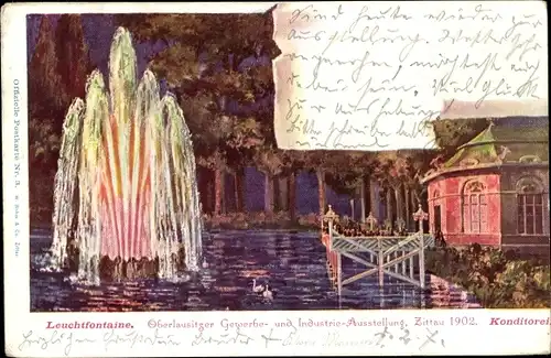 Künstler Ak Zittau Oberlausitz, Oberlausitzer Gewerbe u. Industrieausstellung 1902, Leuchtfontaine