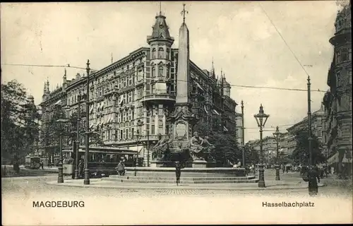 Ak Magdeburg, Hasselbachplatz, Brunnen, Straßenbahn