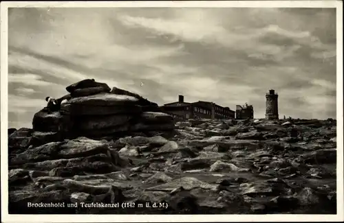 Ak Brocken Nationalpark Harz, Brockenturm, Brockenhotel, Teufelskanzel