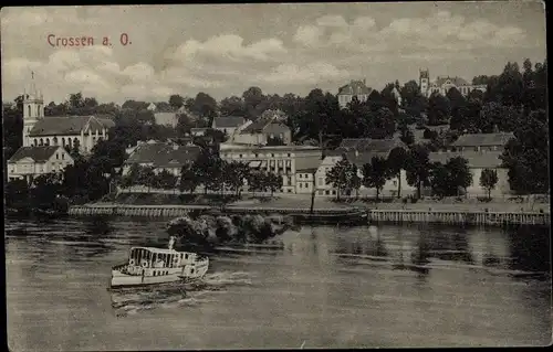 Ak Krosno Odrzańskie Crossen Oder Ostbrandenburg, Teilansicht, Kirche, Dampfer