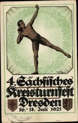 Künstler Ak W. Pech, Dresden, 4. Sächs. Kreisturnfest 1921, Festsportkarte Nr. 1, Der Kugelstoßer