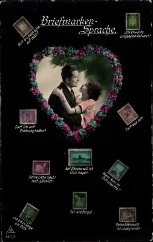 Briefmarken Ak Briefmarkensprache, Liebespaar, Herz, Vertraue mir