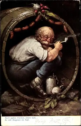 Künstler Ak München, Nach außen trocken, innen naß, so lebt Diogenes im Faß