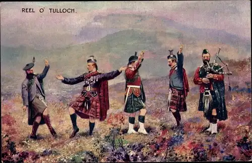 Künstler Ak Reel O' Tulloch, Schottische Volkstrachten, Kilt, Dudelsack, Tanz