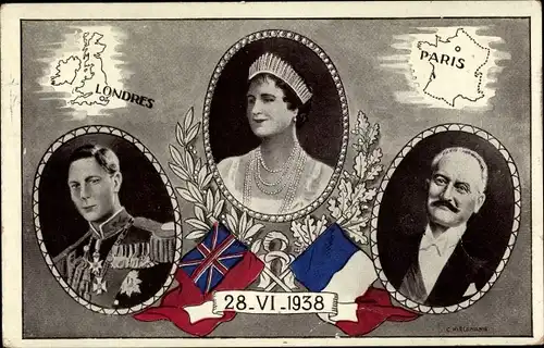 Ak King George VI., Queen Elizabeth Bowes Lyon, Président Albert Lebrun, 28.6.1938, London, Paris