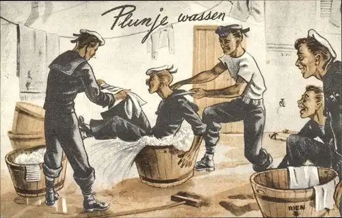 Ak Niederländische Seeleute, Seemann fällt in Waschbottich