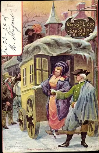 Künstler Ak Liège Lüttich Wallonien, Le Vieux Liege a L'Exposition de 1905, Paar mit Kutsche, Winter