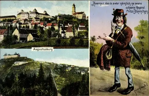 Ak Augustusburg im Erzgebirge, Teilansicht, Burg, Fritze Bliemchen