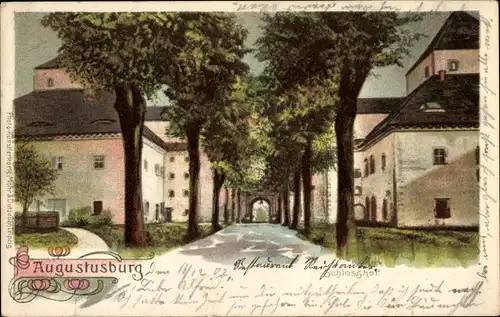 Litho Augustusburg im Erzgebirge, Schlosshof, Tor