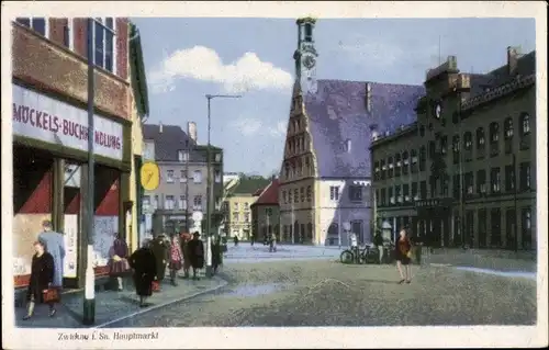 Ak Zwickau in Sachsen, Hauptmarkt, Passanten, Möckels Buchhandlung