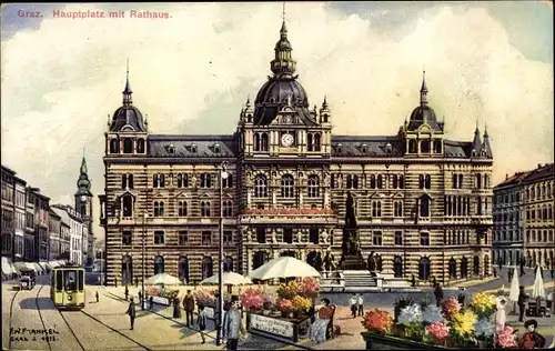 Künstler Ak Graz Steiermark, Hauptplatz, Rathaus, Markt, Straßenbahn