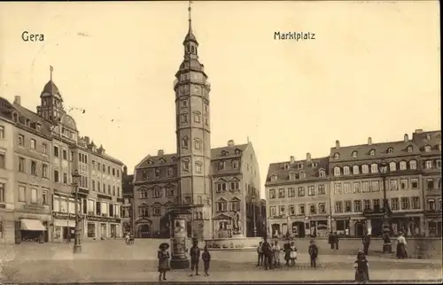 Ak Gera Thüringen, Marktplatz, Rathaus, Geschäftshäuser, Litfaßsäule