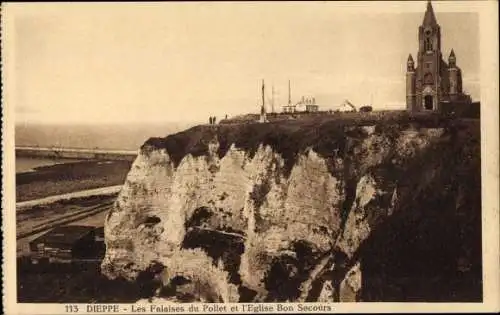 Ak Dieppe Seine Maritime, Les Falaises du Pollet et l'Eglise Bon Secours