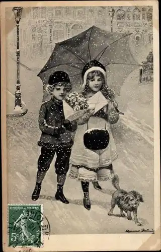 Künstler Ak Kinder und Hund im Schneefall, Regenschirm