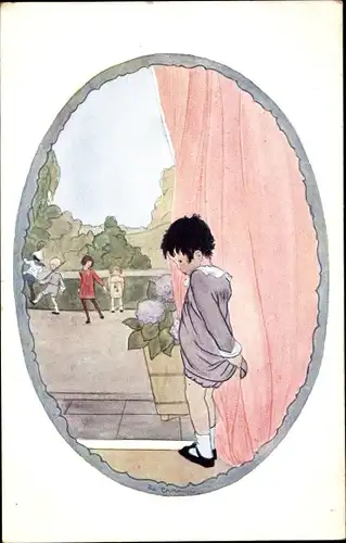 Künstler Ak Cramer, Rie, Verlegen, Kind in einer Ecke stehend, andere Kinder spielen