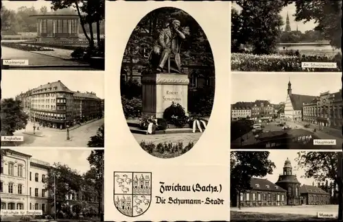Ak Zwickau in Sachsen, Dom, Schwanenteich, Robert-Schumann-Denkmal, Hauptmarkt, Museum