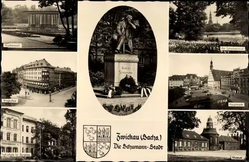 Ak Zwickau in Sachsen, Dom, Schwanenteich, Robert-Schumann-Denkmal, Hauptmarkt, Museum