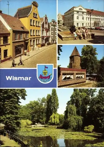 Ak Hansestadt Wismar, Rathaus Westportal,, Eiscafe Lindengarten, Lindengarten