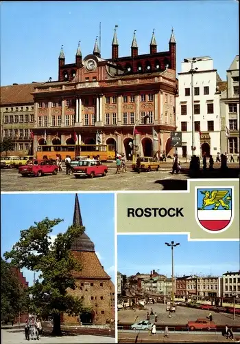 Ak Hansestadt Rostock, Rathaus, Friedenseiche, Doberaner Platz, Wappen