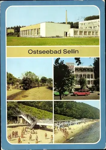 Ak Ostseebad Sellin auf Rügen, FDGB-Erholungsheim Haus Sellin, Klubhaus, Strand, Schmalspurbahn