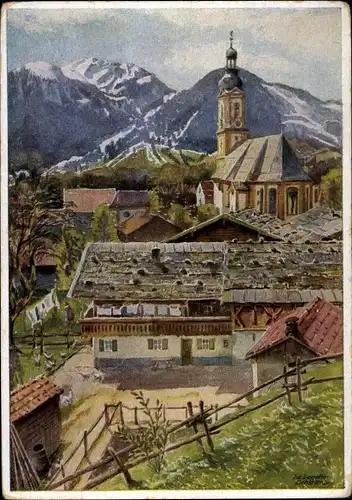 Künstler Ak Lenggries in Oberbayern, Teilansicht, Blick auf die Berge