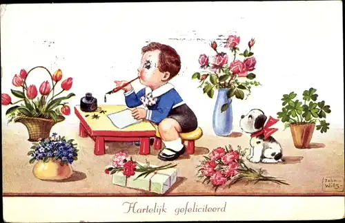Künstler Ak Wills, John, Glückwunsch, Junge schreibt einen Brief, Blumen, Hund