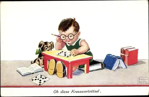 Künstler Ak Wills, John, Junge löst ein Kreuzworträtsel, Hund