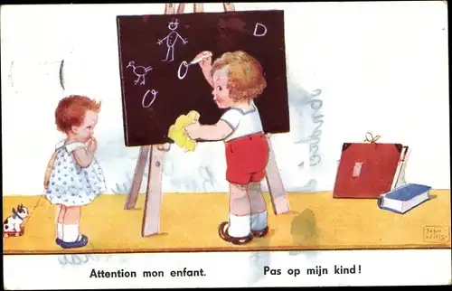 Künstler Ak Wills, John, Kinder spielen Schule, Tafel