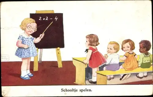 Künstler Ak Wills, John, Kinder spielen Schule, Tafel
