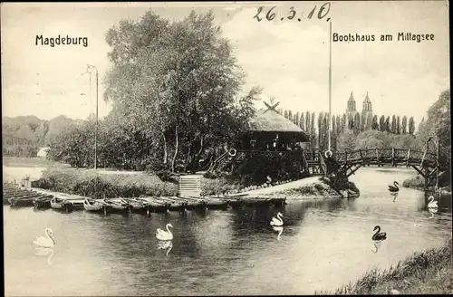 Ak Magdeburg an der Elbe, Bootshaus am Mittagsee