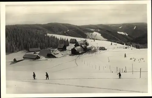 Ak Feldberg im Schwarzwald, Feldbergerhof im Neuschnee, Skifahrer