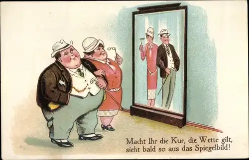 Künstler Ak Dickes Paar vor der Kur, dünnes Spiegelbild