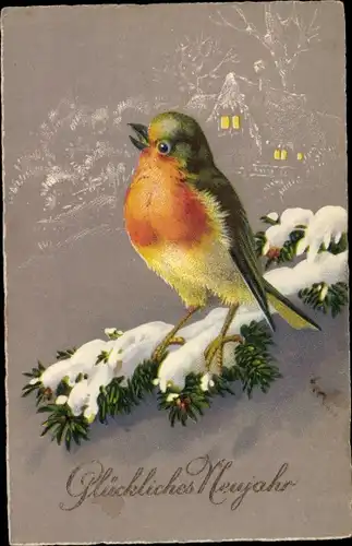 Ak Glückwunsch Neujahr, Rotkehlchen, Vogel auf einem Tannenzweig