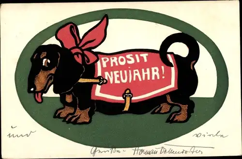 Künstler Ak Glückwunsch Neujahr, Dackel, Rote Schleife