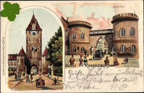 Litho Regensburg an der Donau Oberbayern, Jakobstor, Ostentor