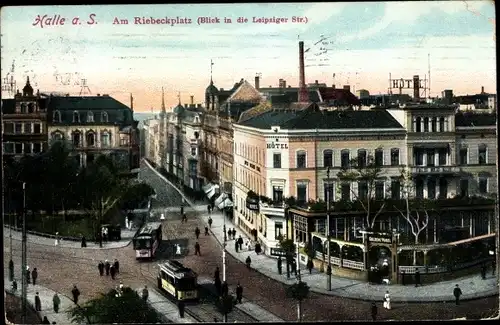 Ak Halle an d. Saale, Riebeckplatz, Leipziger Straße, Hotel Goldene Kugel, Straßenbahn