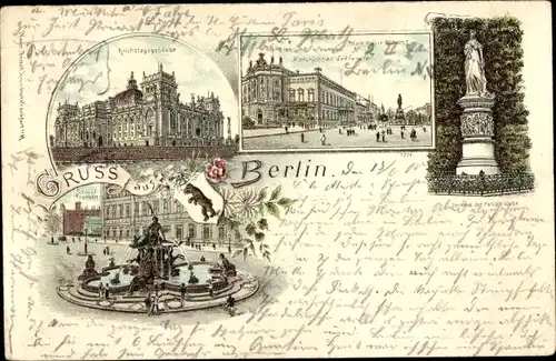 Litho Mitte Berlin, Reichstag, Palais Kaiser Wilhelm I., Schlossbrunnen, Denkmal der Königin Louise