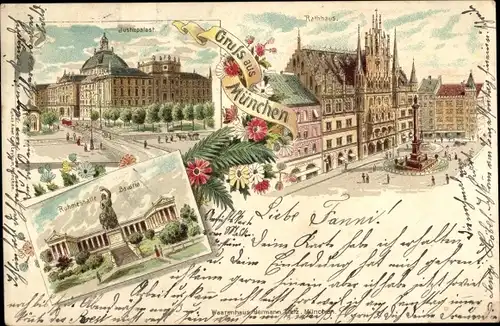 Litho München Bayern, Ruhmeshalle Bavaria, Justizpalast, Rathaus