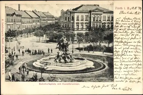 Ak Fürth in Mittelfranken Bayern, Bahnhofsplatz, Kunstbrunnen