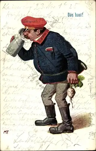 Künstler Litho Mann in Uniform trinkt Bier, Bierglas, Speiserübe