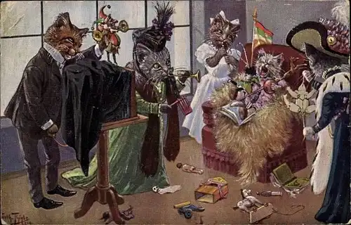 Künstler Ak Thiele, Arthur, Vermenschlichte Katzen beim Fotograf