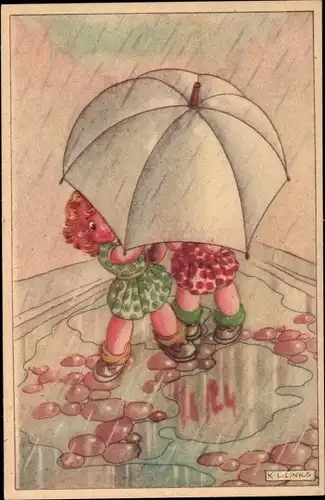 Künstler Ak Links, Karel L., Kinder unter einem Regenschirm