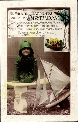 Präge Passepartout Ak Glückwunsch Geburtstag, Kind im Regenmantel, Modellboot, Blumen