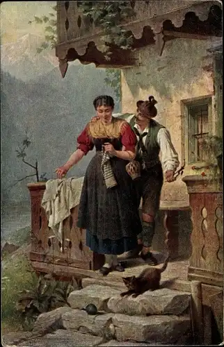 Künstler Ak Baumgartner, Peter, Paar in bayrischen Trachten, Katze