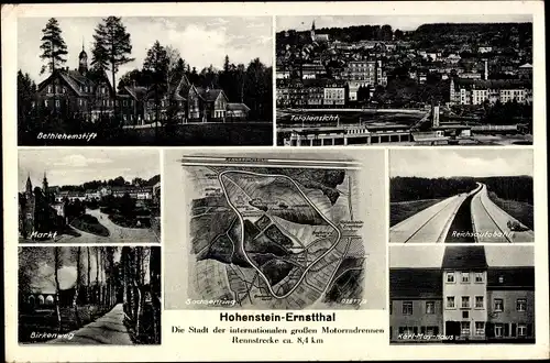 Landkarten Ak Hohenstein Ernstthal in Sachsen, Sachsenring, Bethlehemstift, Autobahn, Karl May Haus