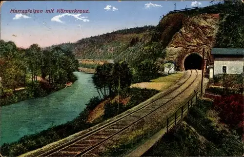 Ak Braunsdorf Niederwiesa Sachsen, Harrasfelsen im Zschopautal, Körnerkreuz, Eisenbahntunnel