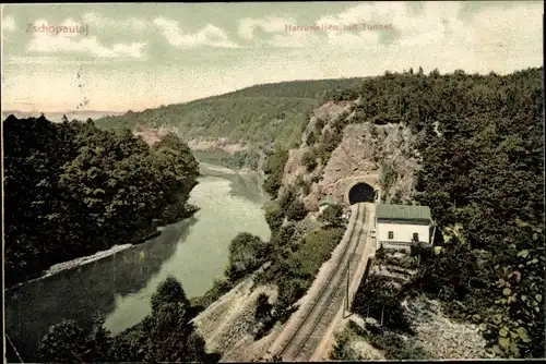 Ak Braunsdorf Niederwiesa Sachsen, Harrasfelsen im Zschopautal, Bahnstrecke, Tunnel