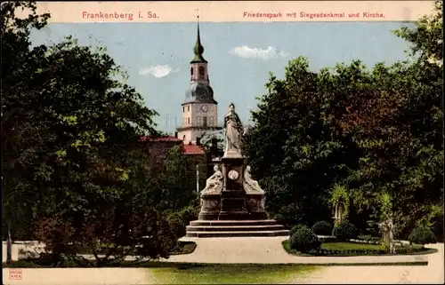 Ak Frankenberg in Sachsen, Friedenspark, Siegesdenkmal, Kirche