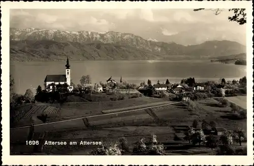 Ak Attersee am Attersee Oberösterreich, Panorama, Kirche