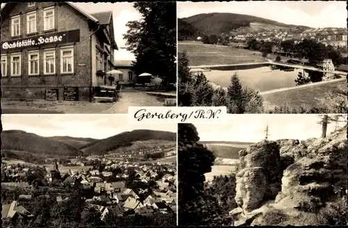 Ak Geraberg in Thüringen, Gaststätte Hasse, Panorama, Freibad, Felsen